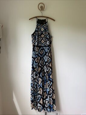 Anthropologie Black, Blue & Cream Geometric high neck Maxi Dress